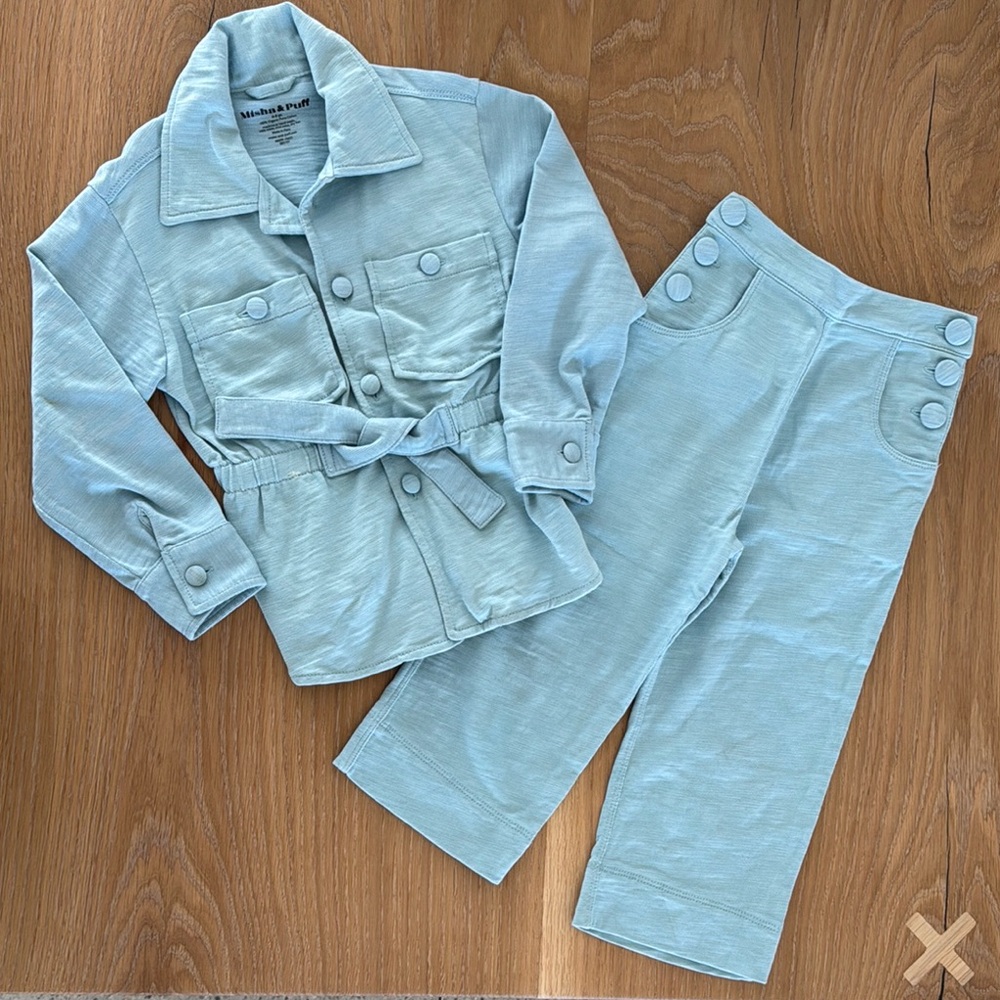 Misha & Puff Director Jacket and Sailor Pants Set “faded denim” cotton 3-4 4-5